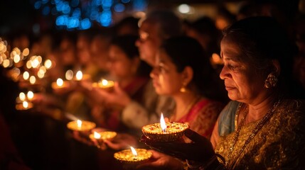 Naklejka premium Diwali celebration with candlelit prayers by asian female adults and elderly