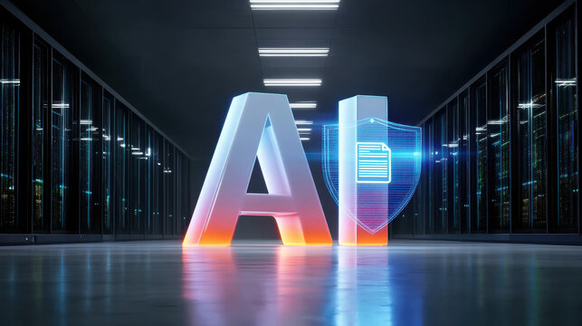 AI letters glowing futuristic data center corridor with neon reflections and holographic shield icon conveying secure artificial intelligence