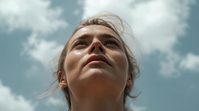 Breeze lifting woman tilting back, raising gaze, blinking, breathing, cooling in sun, dewy skin