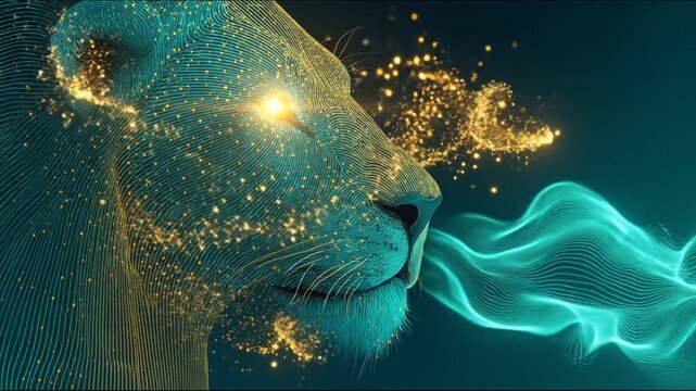 Digital profile of a majestic cat's head with abstract lines and energy bursts in shades of teal