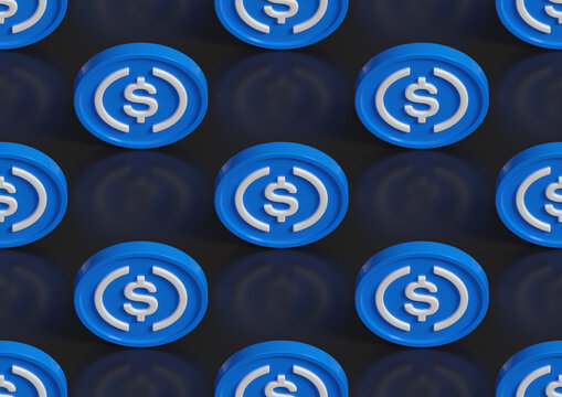 Isometric seamless pattern of blue USDC coins. 3d illustration.