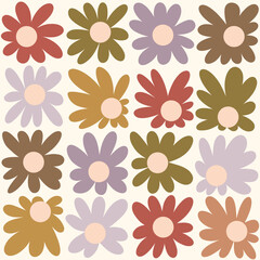 Cotton fabric Retro groovy floral seamless pattern with hand drawn organic daisy shapes in terracotta olive mustard earthy colors for textile and wallpaper