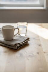 Obraz premium Minimal Coffee Mug on Wood Table by Window — Mockup for Branding