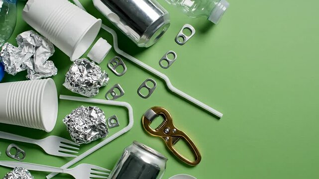 Assorted everyday waste items on green background for recycling