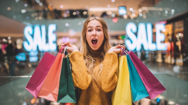 Excited young caucasian female shopping with colorful bags during sale at mall