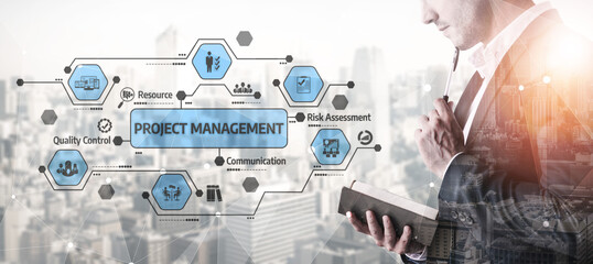 A businessman stands thoughtfully analyzing notes amidst a virtual project management framework,...