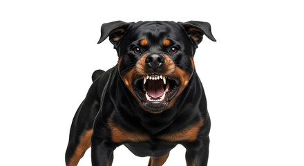 Fototapeta premium Aggressive Rottweiler dog snarling fiercely with bared teeth and an intense gaze, isolated on a white background