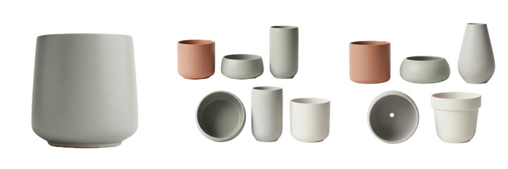 Set and collection of modern ceramic pots and planters in muted colors isolated on white...