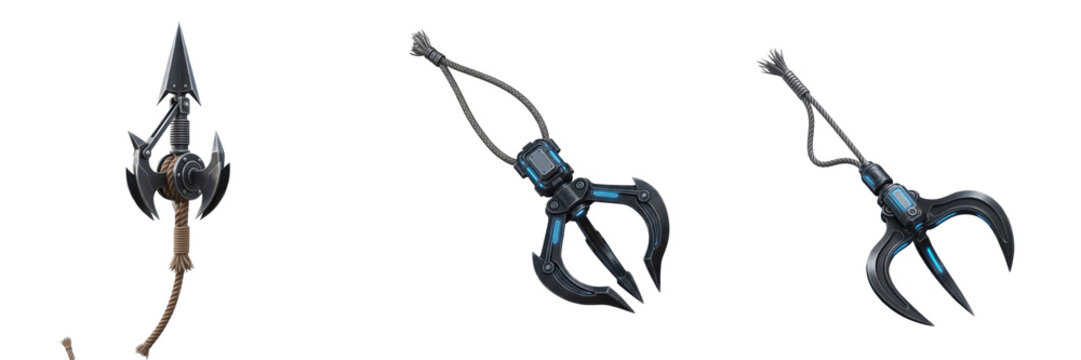 Game grappling hook isolated on white background no shadow, RPG hook gancho de agarre 抓钩 climbing tool adventure gear 3D render gaming asset PNG clipart transparent
