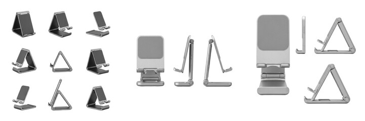 Set and collection of adjustable folding desktop phone stands and mobile tablet holders isolated on white transparent png background © miniworld