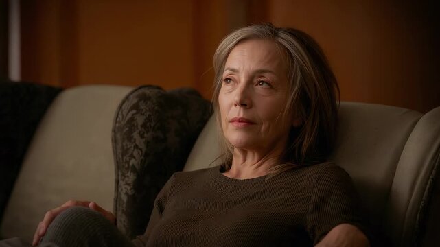 Memory cueing woman in brown top closing, tilting back, reopening eyes, sitting in armchair at home