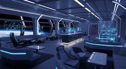 Obraz premium Futuristic interior with window view of space and earth concept art