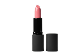 Obraz premium A close-up view of a pink lipstick in a sleek black tube against a white background isolated on transparent background