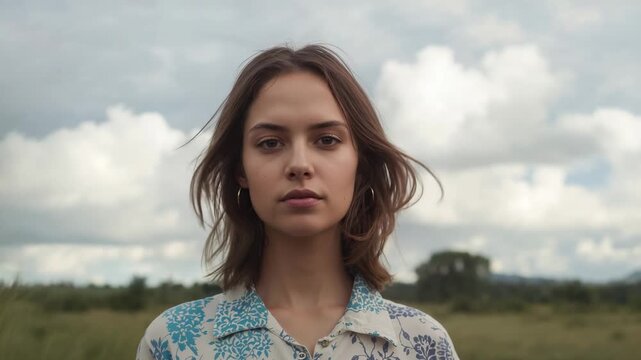 Posing woman in meadow for portrait, breeze lifting hair and showing floral blouse, hoop earrings