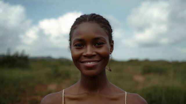 Smiling woman in braids, thin top broadening smile in field, camera steady, connecting with viewer