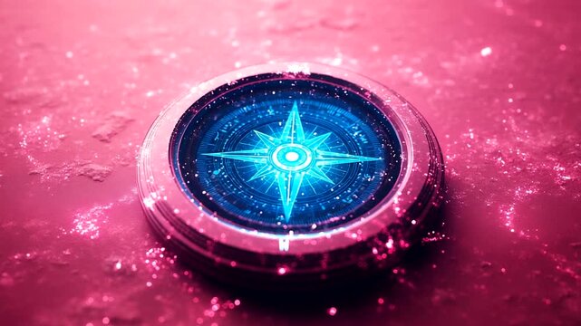 Vibrant compass design glowing against a textured pink background