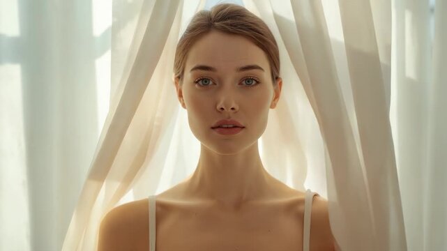 Blinking woman posing at tall window, draft shifting sheer curtains, wearing white thin strap top