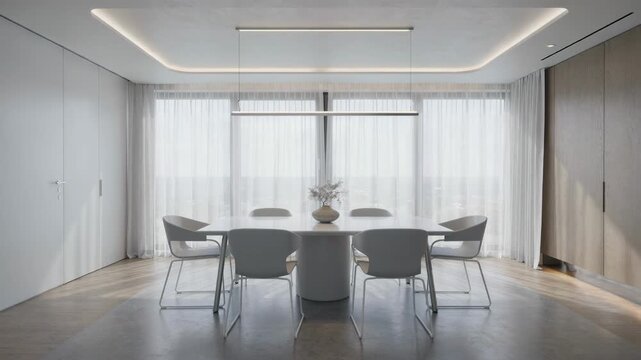 Medium shot of a sleek modern dining room featuring minimalist ceiling diffusers blending seamlessly with ambient lighting and clean lines.