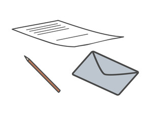Sheet of paper, pencil and closed envelope.