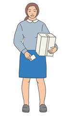 Woman applying shipping label to cardboard box, front view.