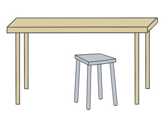 Rectangular table with four legs and simple square stool placed underneath.