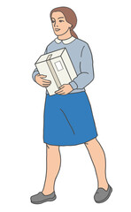 Woman carrying cardboard box in hands, angled view.