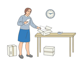 Woman checking paper at packing table and standing near open box on table.