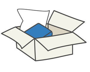 Open cardboard box with folded fabric and pillow inside.