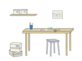 Table with tape, scissors, pencil holder and papers. Shelf with boxes and stool nearby.