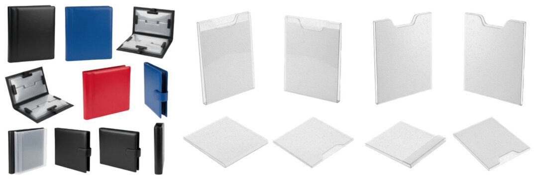 Set and collection of office file folders and plastic document protectors in various colors and styles isolated on white transparent png background