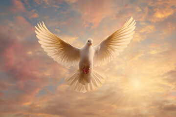 Fototapeta premium White Dove Flying in Golden Sky with Divine Light – Symbol of Peace, Holy Spirit, Freedom and Spirituality