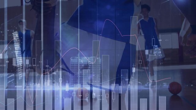 Animation of financial data processing over diverse basketball players and cityscape