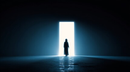 Obraz premium Silhouette of a mysterious figure in illuminated doorway