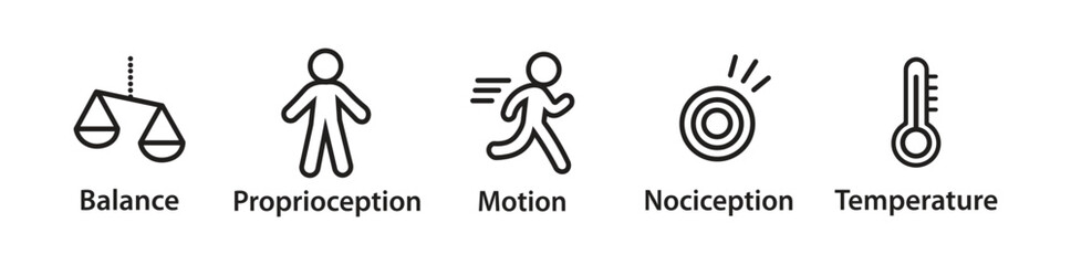 Sensory and Physiological Functions Icon Set: Balance, Proprioception, Motion, Nociception, and Temperature Symbols for Human Body Awareness and Medical Education.
