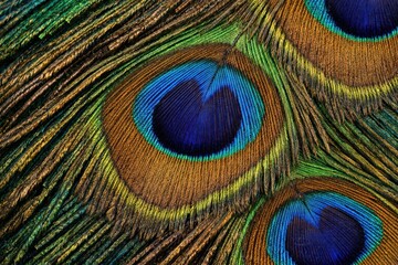 Obraz premium Peacock Feather Texture Seamless Pattern. Close-up peacock plumage detail. Exotic bird feather surface design. Realistic peacock feather texture background. Detailed vibrant feather macro close-up. Co