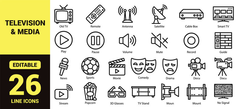 Television and entertainment icon set with old TV, remote, antenna, satellite, cable box, smart TV, streaming, movie, sports, comedy, drama, popcorn, and essential television ranking symbols