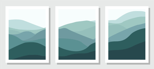 Serene mountain landscape with soothing green hues in minimalist style