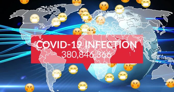Animation of covid data processing over multiple sick emojis with face masks