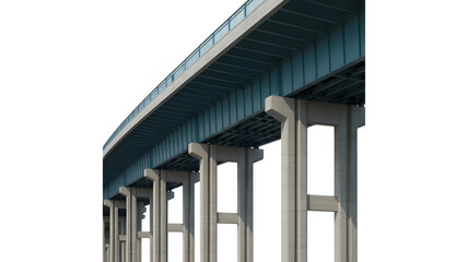 Modern concrete and steel bridge structure with multiple support pillars viewed from below.