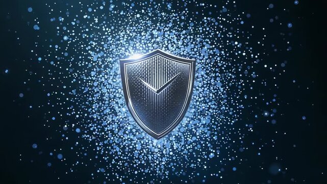 Growing particle cloud driving metal shield sharpening, revealing chevron, glint in navy, blue halo