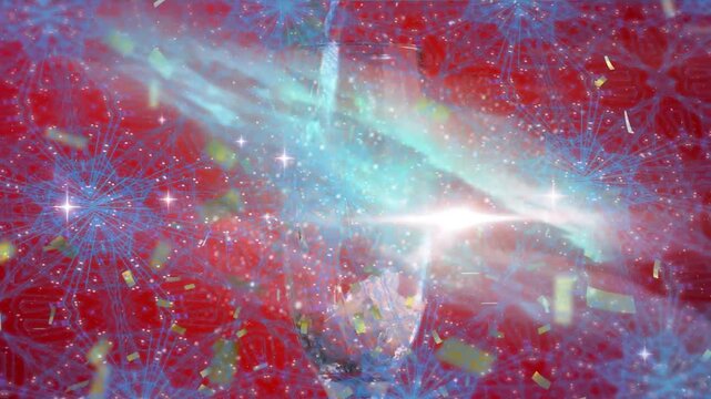 Animation of shapes and confetti over glass of champagne