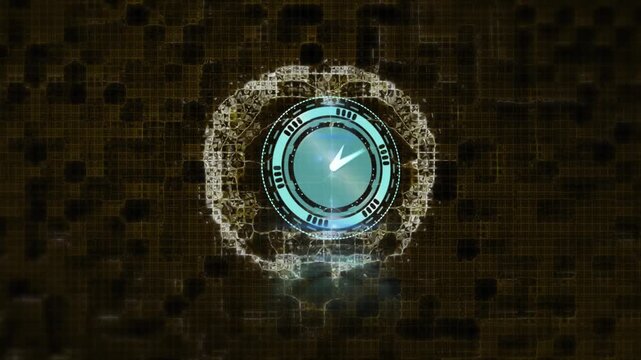 Animation of moving clock over digital brain and purple shapes on black background