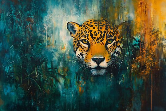 Vibrant Neo-Expressionist Jaguar Portrait in Abstract Jungle Setting