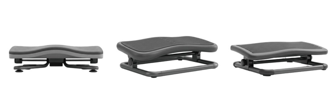 Set and collection of adjustable ergonomic office footrest under desk foot stool for posture support isolated on white transparent png background