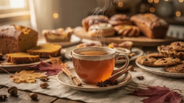 Cozy autumnthemed buffet with a focus on hot cider and spiced baked goods the steaming cup sharply in frame and the rustic table softly blurred.