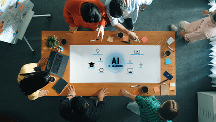 A dynamic workspace where diverse professionals engage in discussions about AI-driven e-learning...