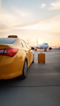 Airport taxi with luggage transfer. Passenger pickup near airplane. Travel arrival transportation concept. Tourism and business mobility. Sunset transfer banner.