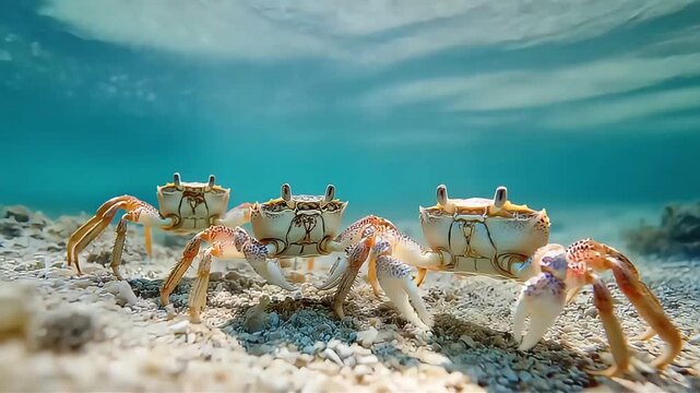 A serene underwater scene with crabs exploring the ocean floor, perfect for nature and travel content.