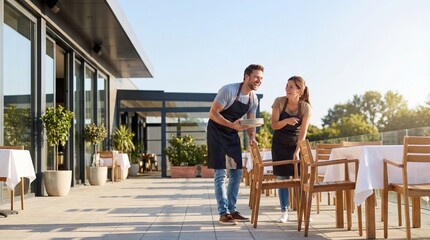 cheerful caucasian waiters laughing on restaurant terrace. man holding stack of plates while woman points. hospitality staff teamwork. outdoor dining area preparation. banner, website header.