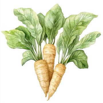 Watercolor illustration of fresh arrowroot tubers with lush green leaves isolated on a white background